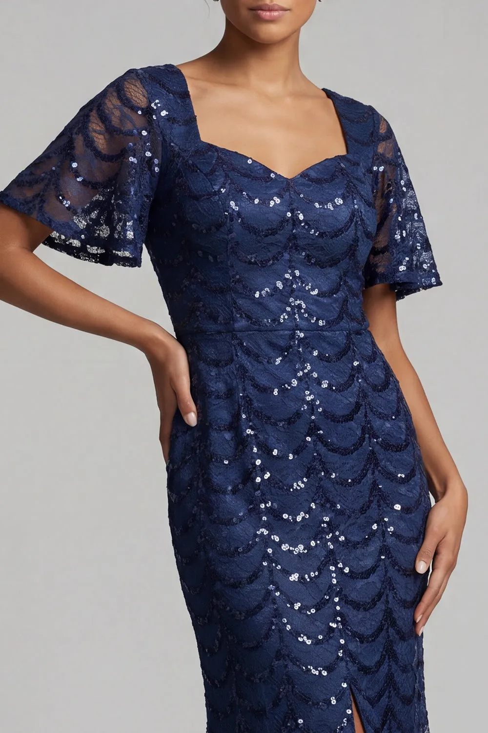 Sparkly Navy Mermaid Flutter Sleeves Sequins Midi Mother Of the Bride Dress with Slit sold by Zapaka product image thumbnail 3