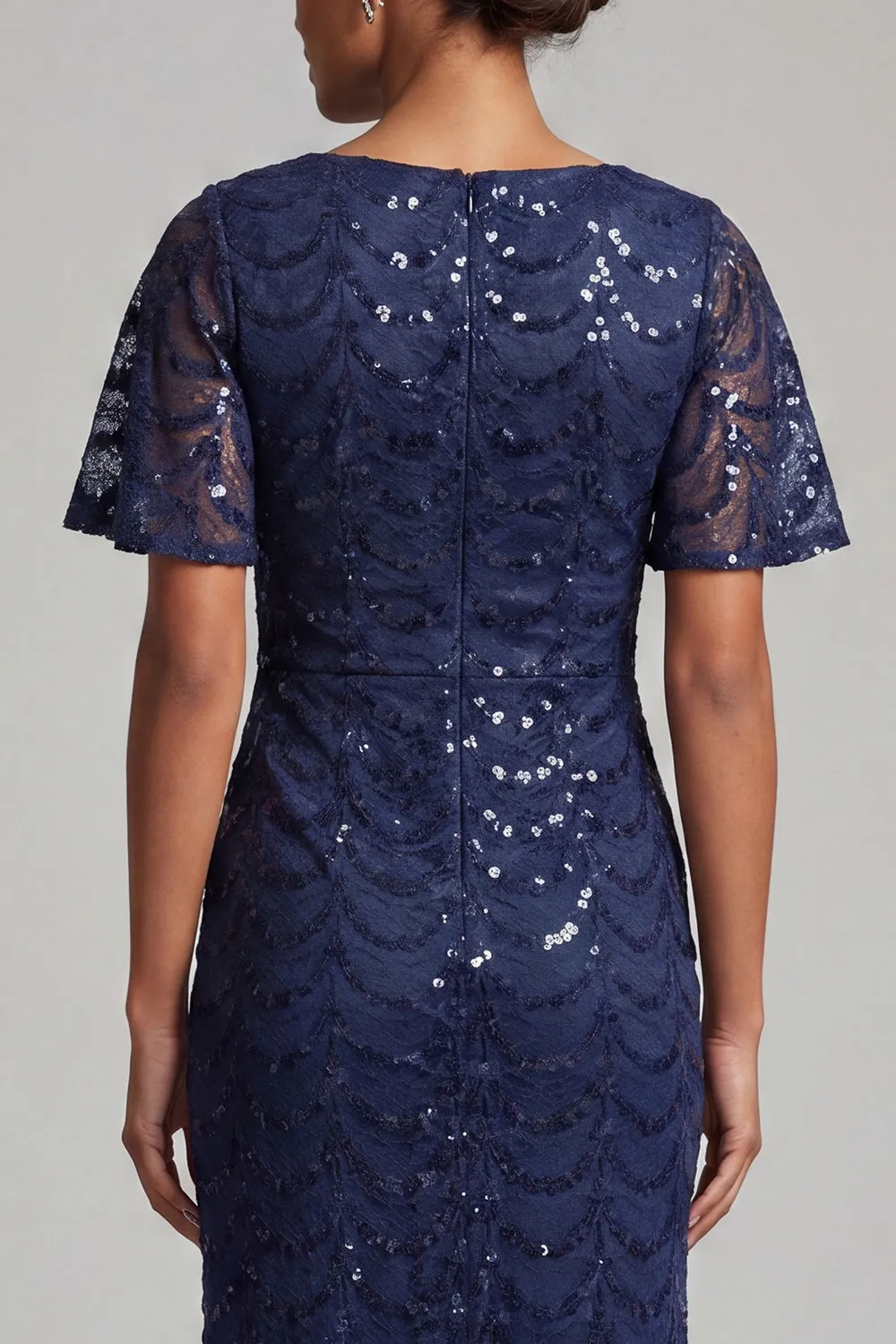 Sparkly Navy Mermaid Flutter Sleeves Sequins Midi Mother Of the Bride Dress with Slit sold by Zapaka product image thumbnail 4