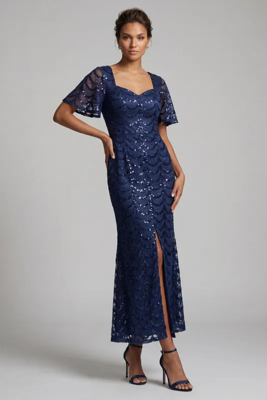 Sparkly Navy Mermaid Flutter Sleeves Sequins Midi Mother Of the Bride Dress with Slit made by Zapaka
