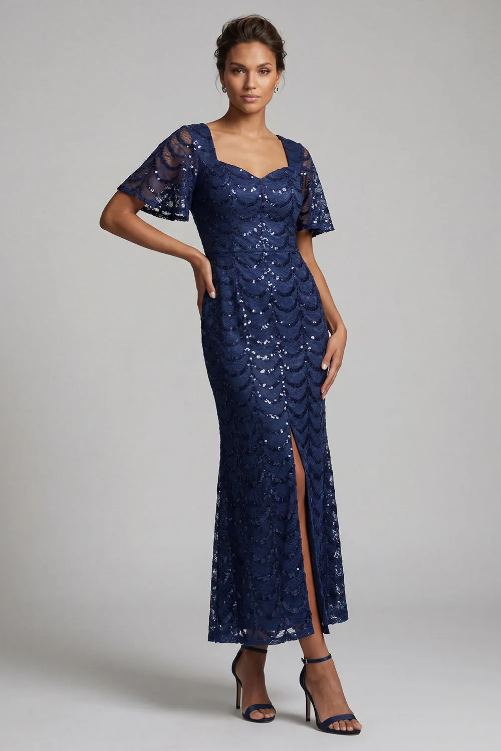 Sparkly Navy Mermaid Flutter Sleeves Sequins Midi Mother Of the Bride Dress with Slit sold by Zapaka