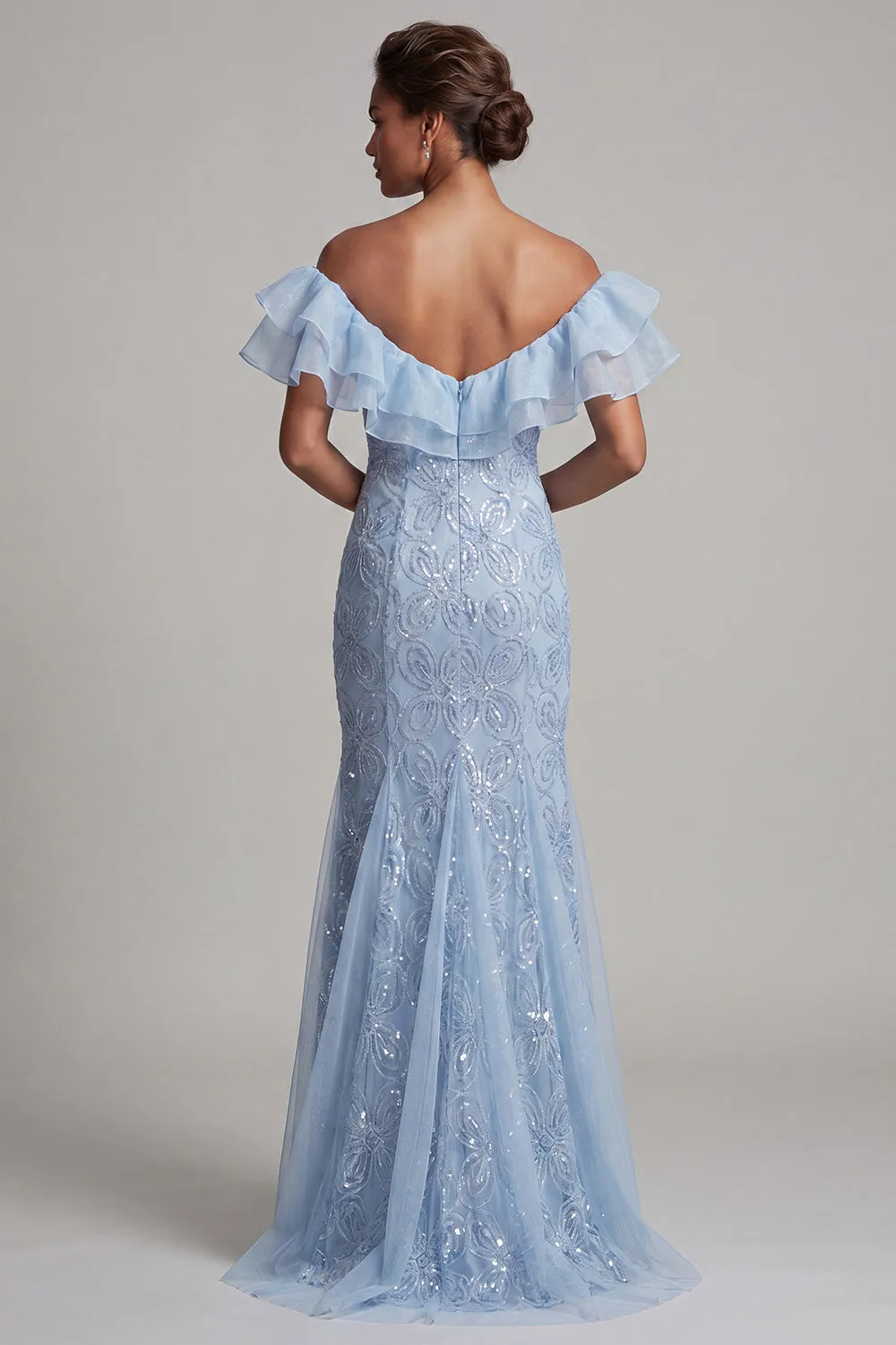 Off the Shoulder Light Blue Mermaid Ruffled Sequins Long Mother Of the Bride Dress with Slit sold by Zapaka product image thumbnail 2