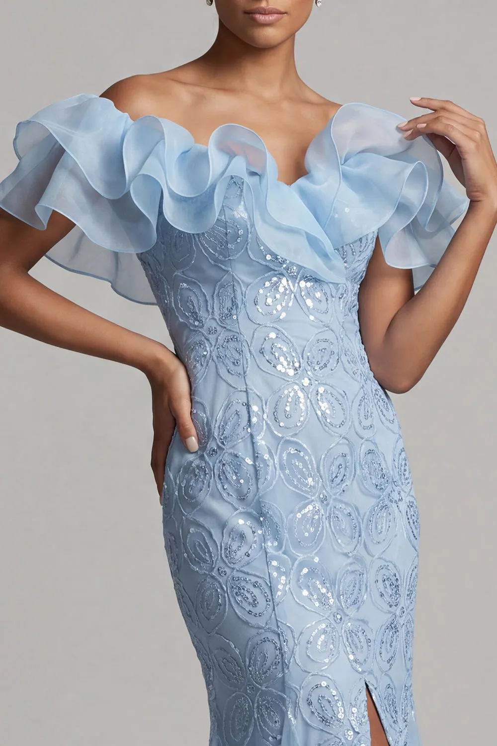 Off the Shoulder Light Blue Mermaid Ruffled Sequins Long Mother Of the Bride Dress with Slit sold by Zapaka product image thumbnail 3
