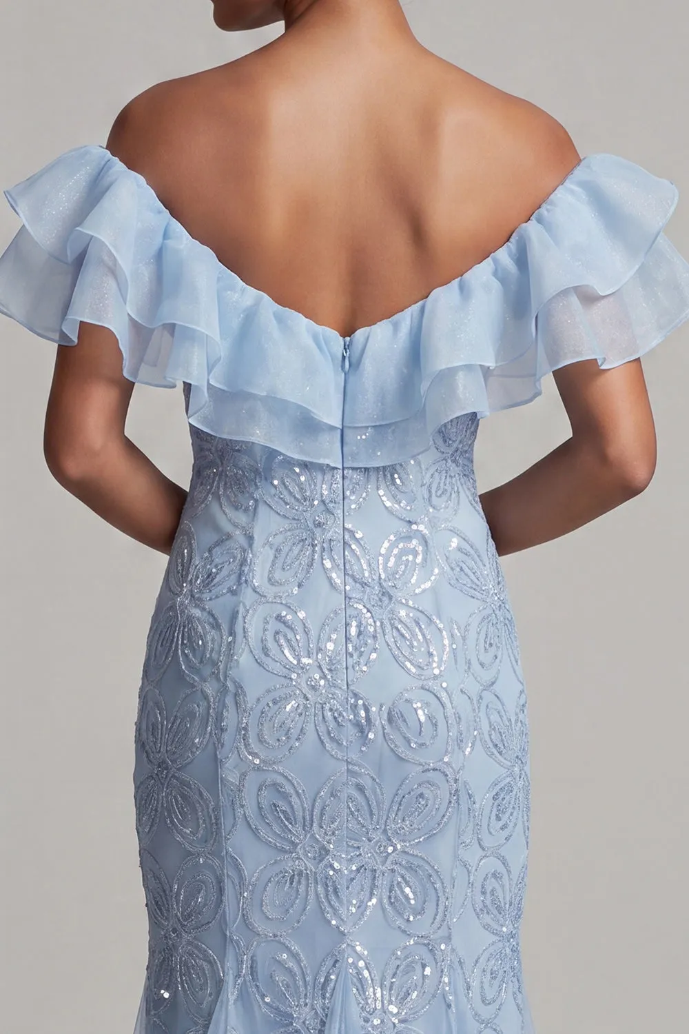 Off the Shoulder Light Blue Mermaid Ruffled Sequins Long Mother Of the Bride Dress with Slit sold by Zapaka product image thumbnail 4