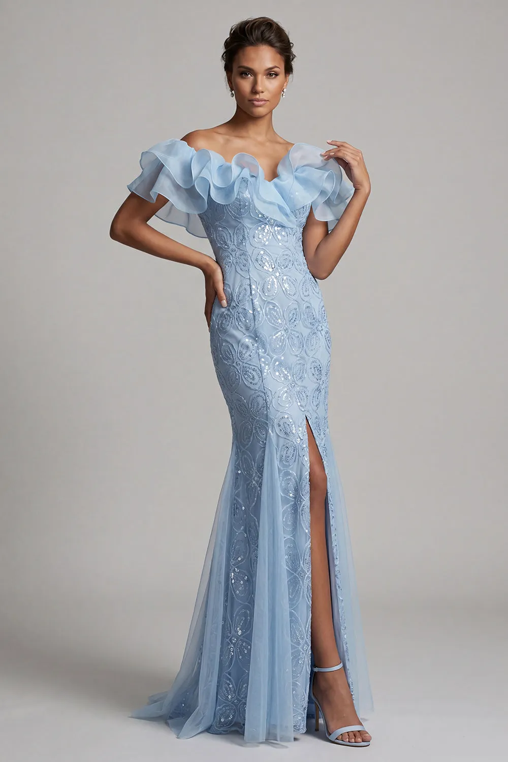 Off the Shoulder Light Blue Mermaid Ruffled Sequins Long Mother Of the Bride Dress with Slit sold by Zapaka