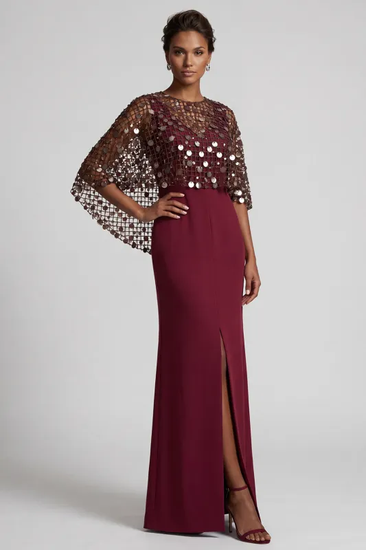 Burgundy V-Neck Mermaid Long Mother Of the Bride Dress with Slit made by Zapaka