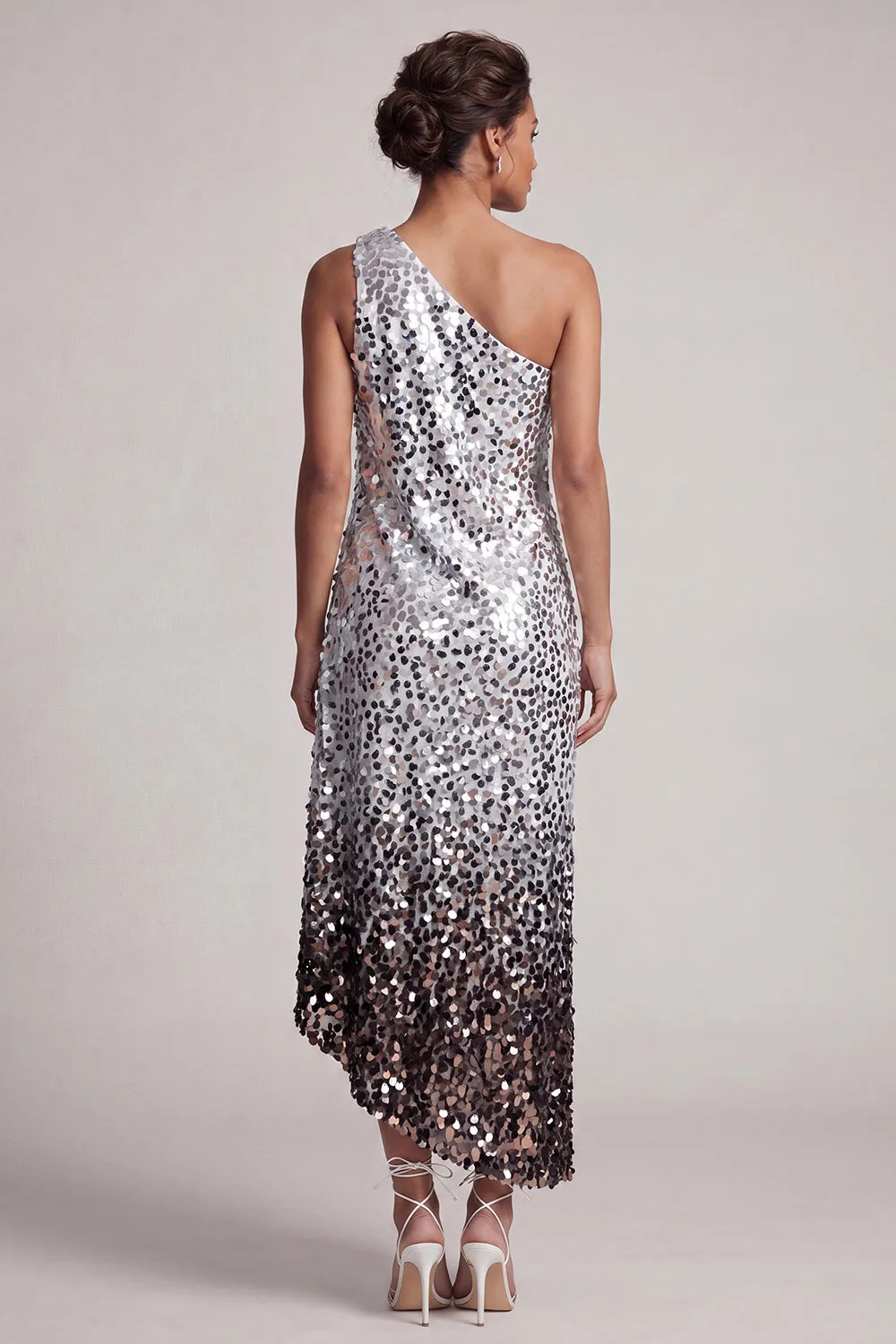Sparkly Silver One Shoulder Mermaid Asymmetrical Midi Mother Of the Bride Dress with Sequins sold by Zapaka product image thumbnail 2