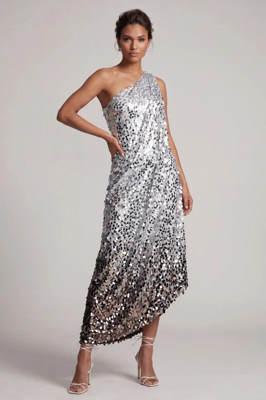Sparkly Silver One Shoulder Mermaid Asymmetrical Midi Mother Of the Bride Dress with Sequins made by Zapaka