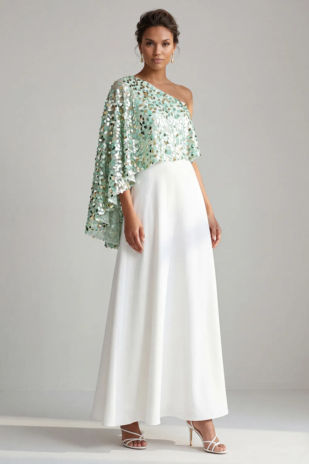 One Shoulder Champagne A-Line Midi Mother Of the Bride Dress with Sequins sold by Zapaka product image thumbnail 5