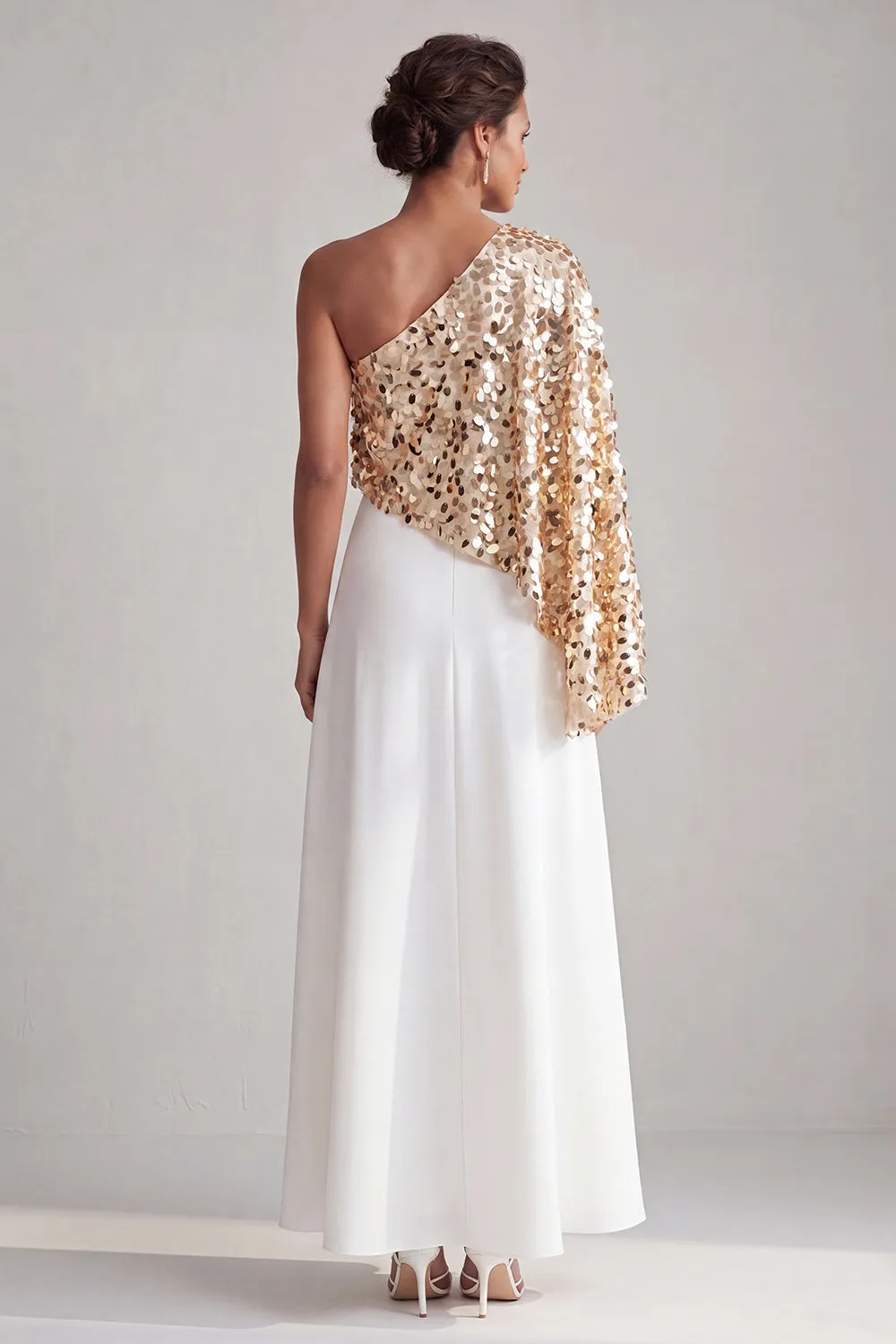 One Shoulder Champagne A-Line Midi Mother Of the Bride Dress with Sequins sold by Zapaka product image thumbnail 2