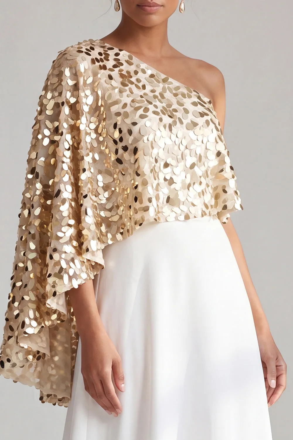 One Shoulder Champagne A-Line Midi Mother Of the Bride Dress with Sequins sold by Zapaka product image thumbnail 3