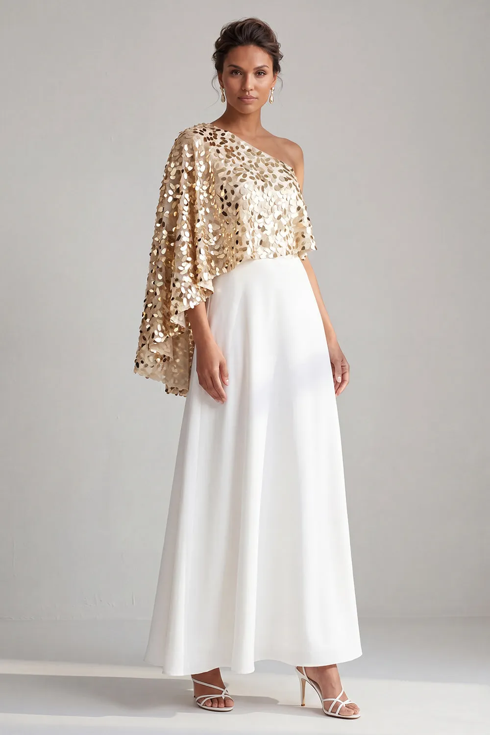 One Shoulder Champagne A-Line Midi Mother Of the Bride Dress with Sequins sold by Zapaka