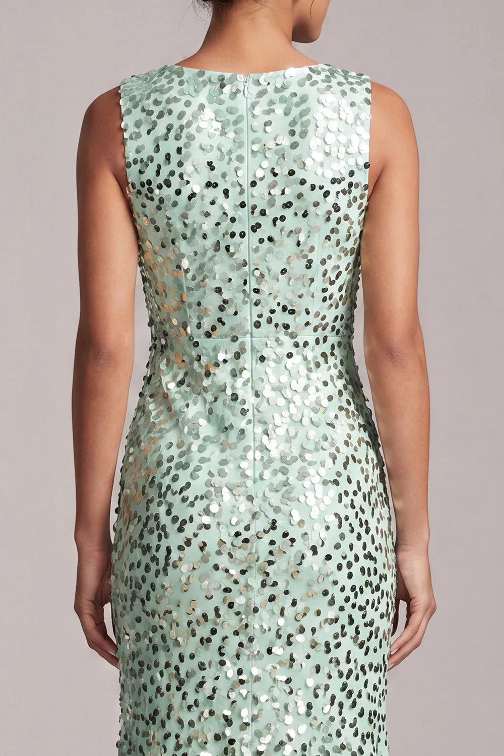 Sparkly Green Mermaid Asymmetrical Round Neck Midi Mother Of the Bride Dress with Sequins sold by Zapaka product image thumbnail 4