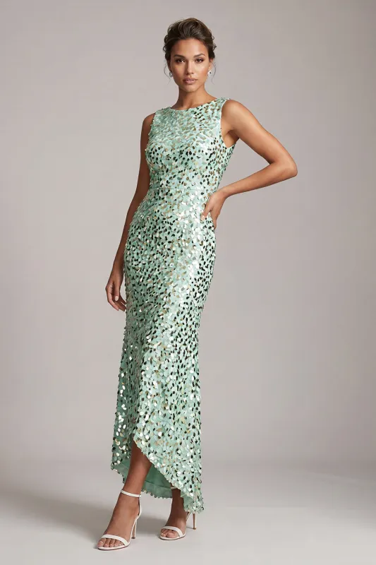 Sparkly Green Mermaid Asymmetrical Round Neck Midi Mother Of the Bride Dress with Sequins made by Zapaka