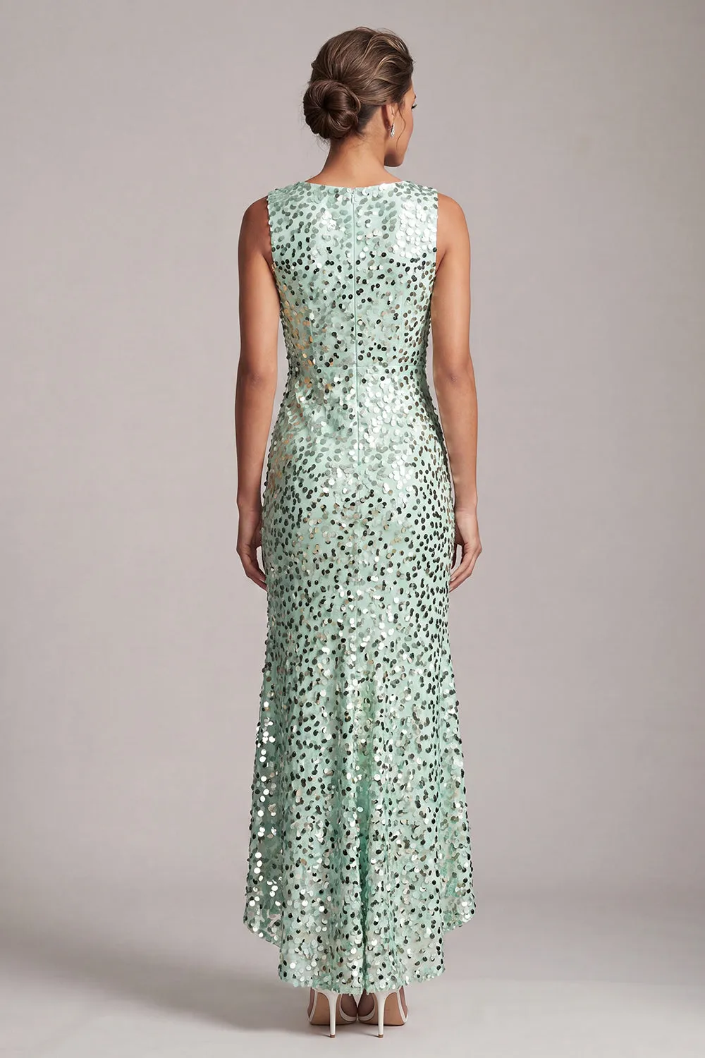 Sparkly Green Mermaid Asymmetrical Round Neck Midi Mother Of the Bride Dress with Sequins sold by Zapaka product image thumbnail 2