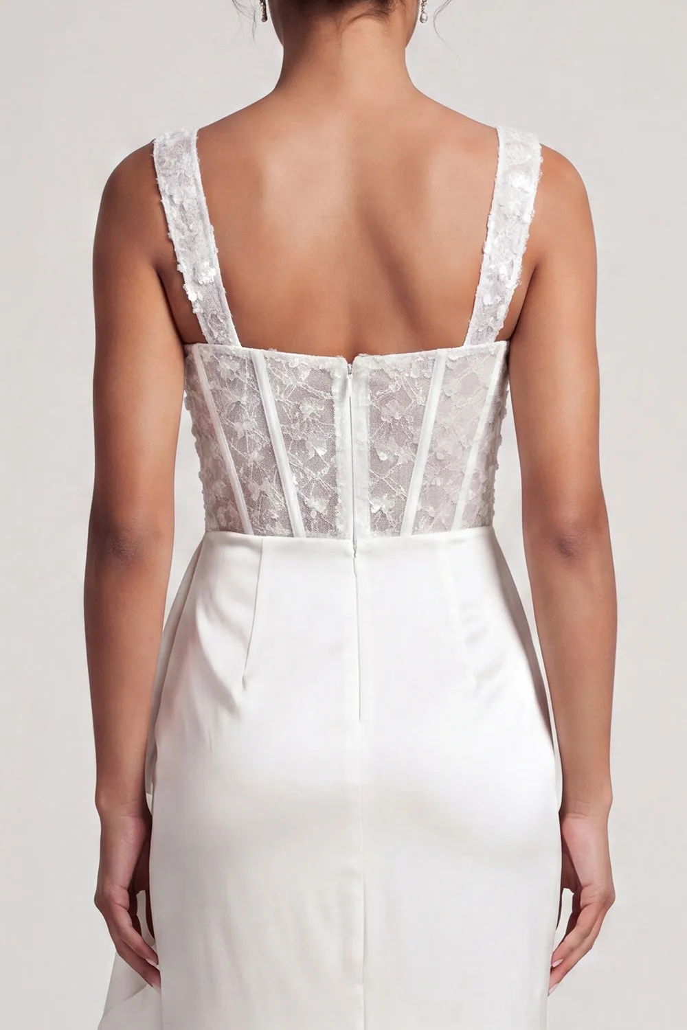 White Mermaid Corset Ruched Sequins Midi Mother Of the Bride Dress with Ruffles sold by Zapaka product image thumbnail 4