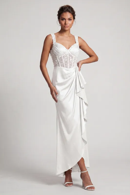 White Mermaid Corset Ruched Sequins Midi Mother Of the Bride Dress with Ruffles made by Zapaka