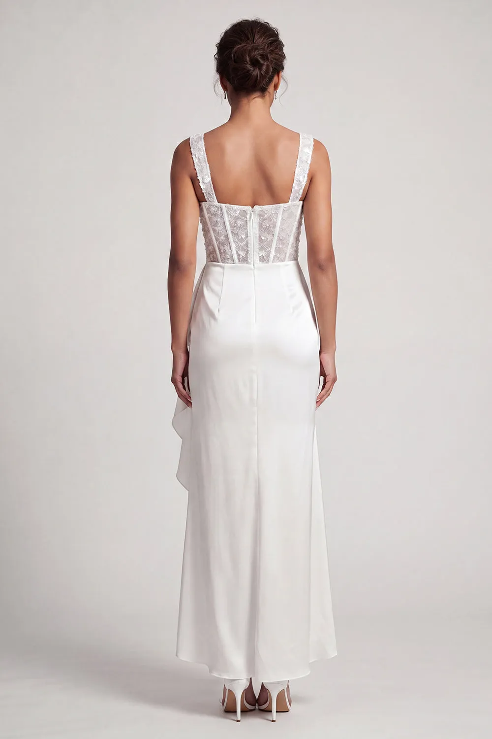 White Mermaid Corset Ruched Sequins Midi Mother Of the Bride Dress with Ruffles sold by Zapaka product image thumbnail 2
