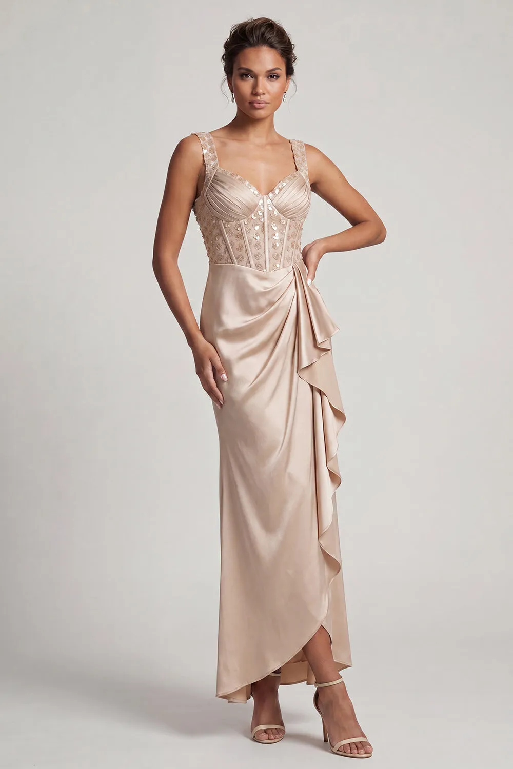 White Mermaid Corset Ruched Sequins Midi Mother Of the Bride Dress with Ruffles sold by Zapaka product image thumbnail 5
