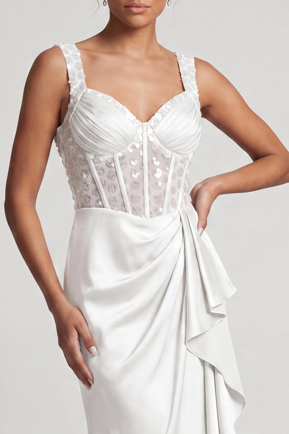 White Mermaid Corset Ruched Sequins Midi Mother Of the Bride Dress with Ruffles sold by Zapaka product image thumbnail 3