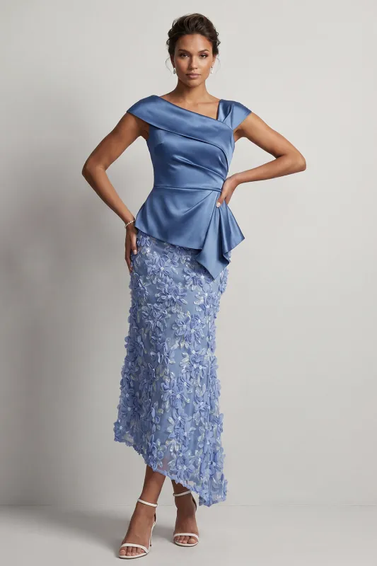 Blue Mermaid Asymmetrical Ruched Floral Midi Mother Of the Bride Dress made by Zapaka