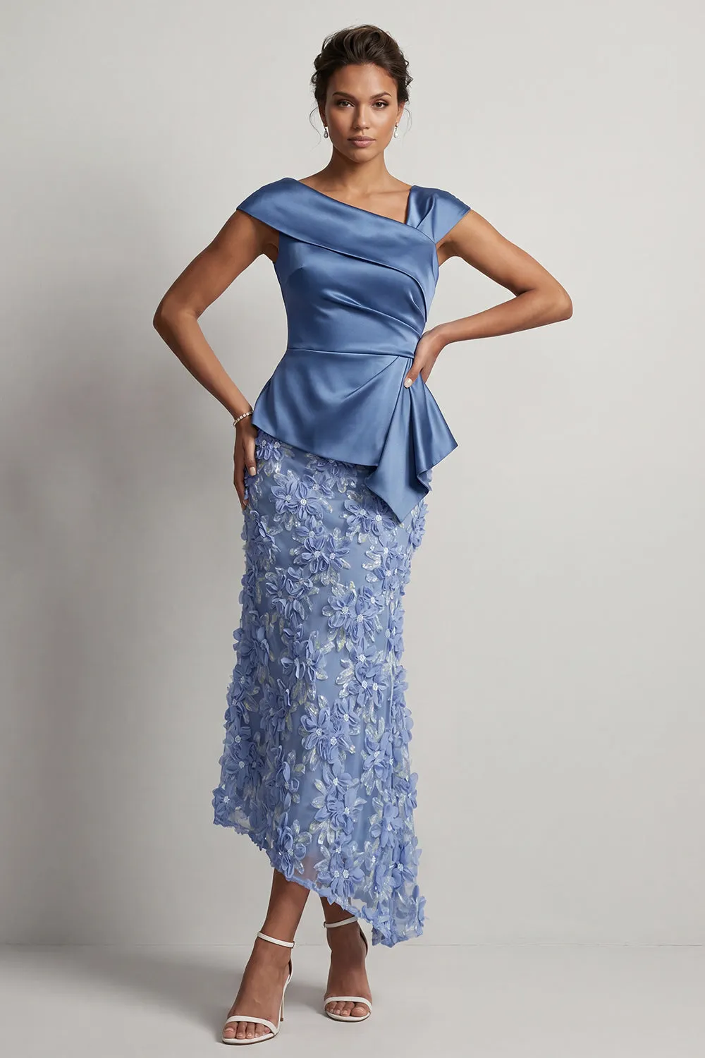 Blue Mermaid Asymmetrical Ruched Floral Midi Mother Of the Bride Dress sold by Zapaka