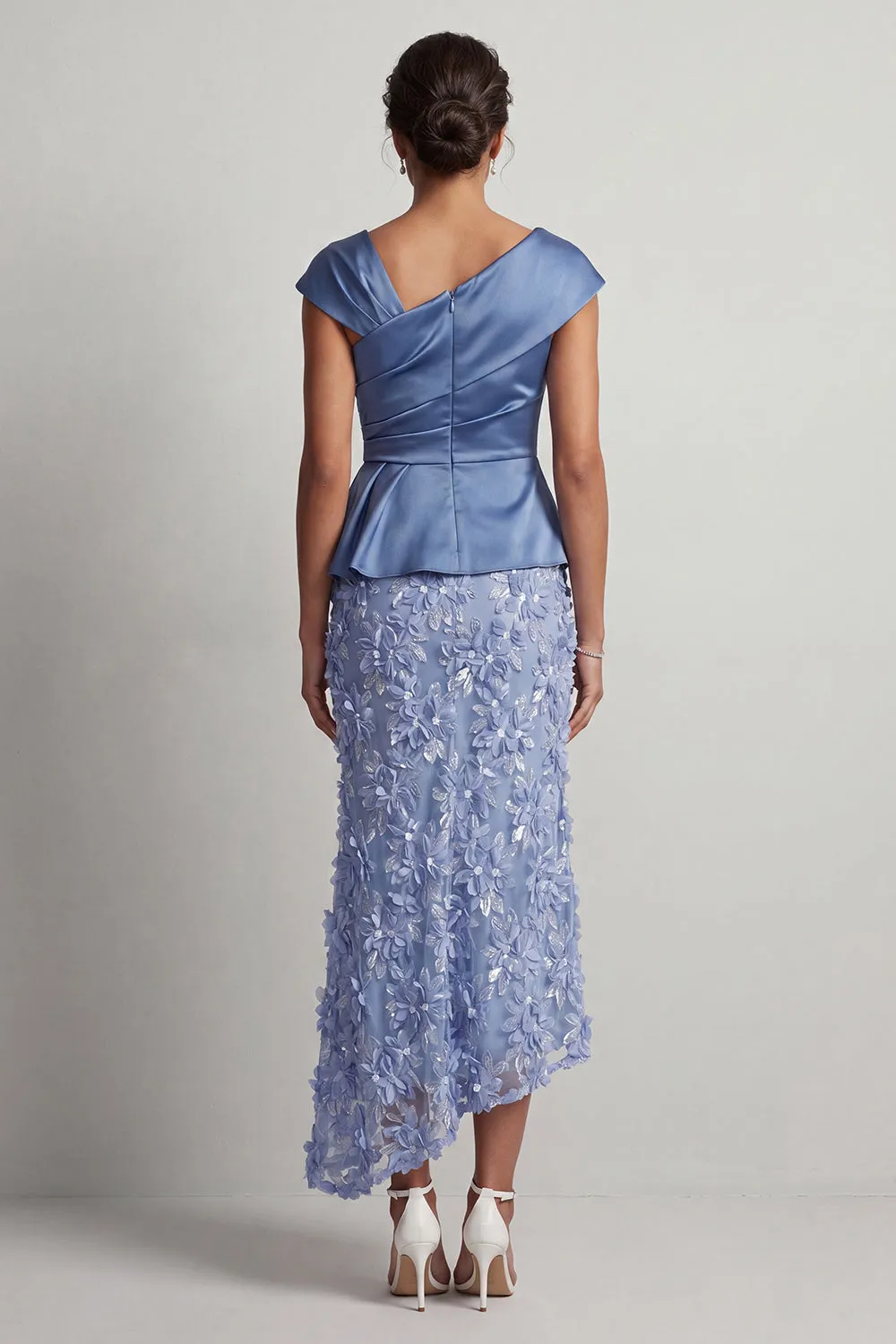 Blue Mermaid Asymmetrical Ruched Floral Midi Mother Of the Bride Dress sold by Zapaka product image thumbnail 2