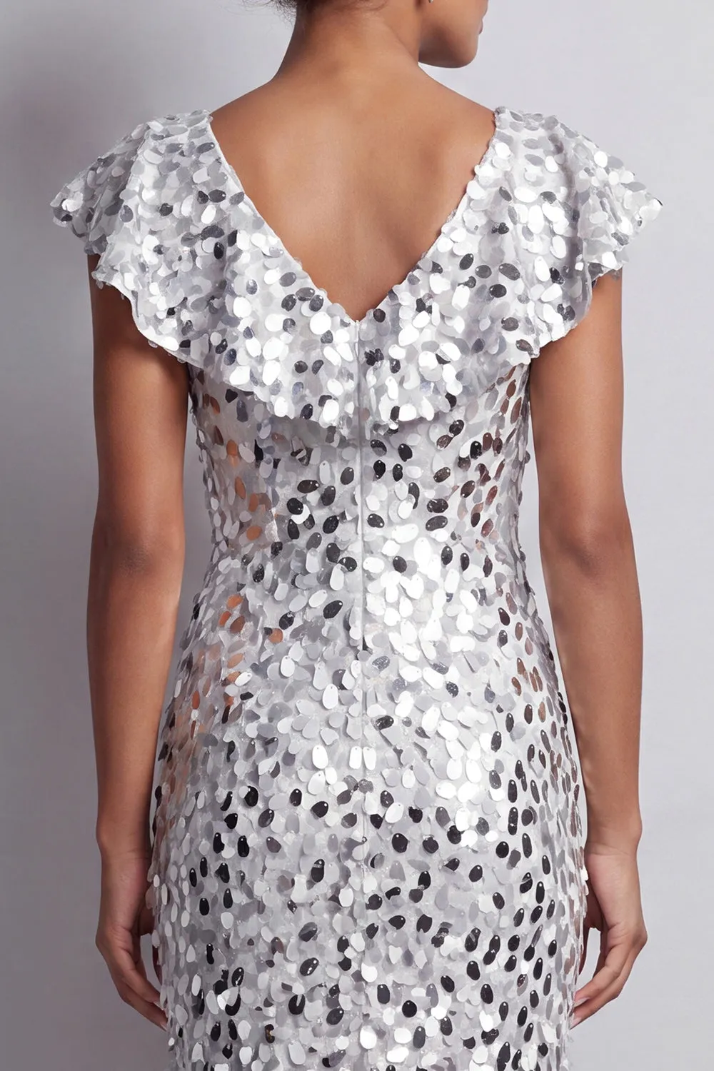 Mermaid Silver V-Neck Asymmetrical Sequins Midi Mother Of the Bride Dress with Ruffles sold by Zapaka product image thumbnail 4