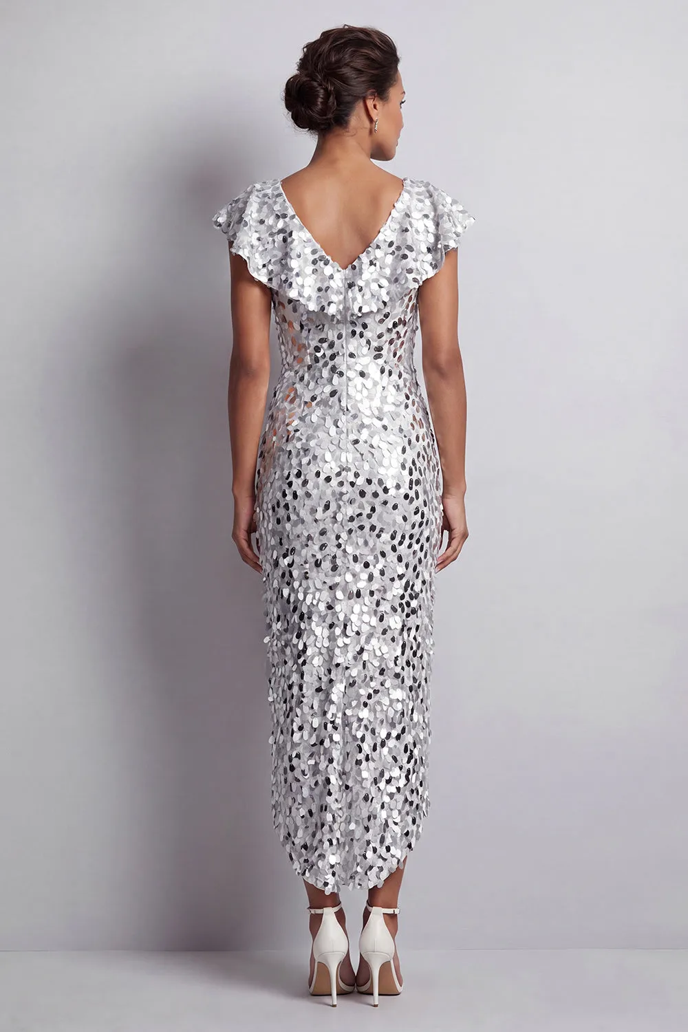 Mermaid Silver V-Neck Asymmetrical Sequins Midi Mother Of the Bride Dress with Ruffles sold by Zapaka product image thumbnail 2