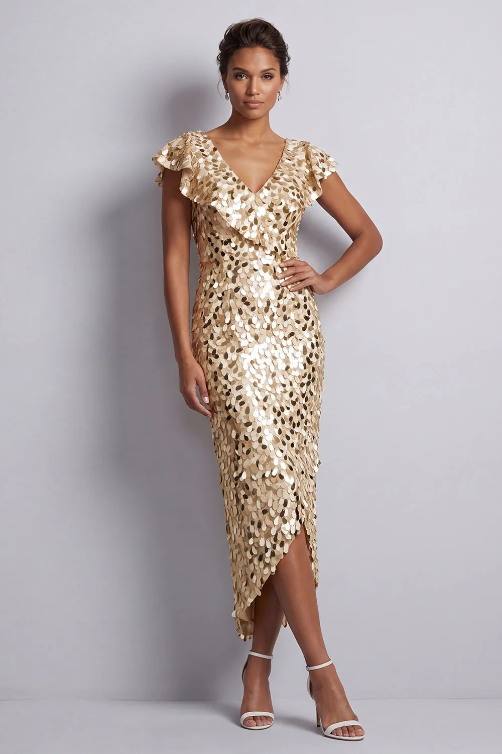 Mermaid Silver V-Neck Asymmetrical Sequins Midi Mother Of the Bride Dress with Ruffles sold by Zapaka product image thumbnail 5