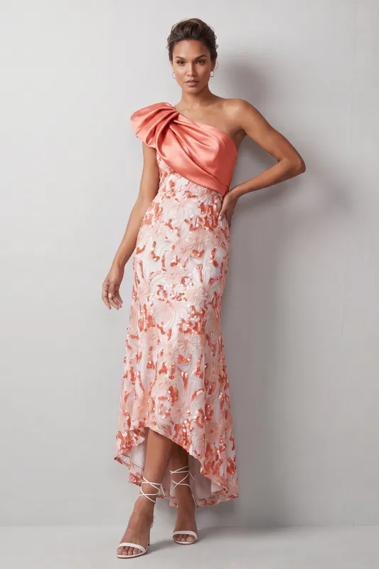 Peach Mermaid One Shoulder Asymmetrical Sequins Midi Mother Of the Bride Dress made by Zapaka