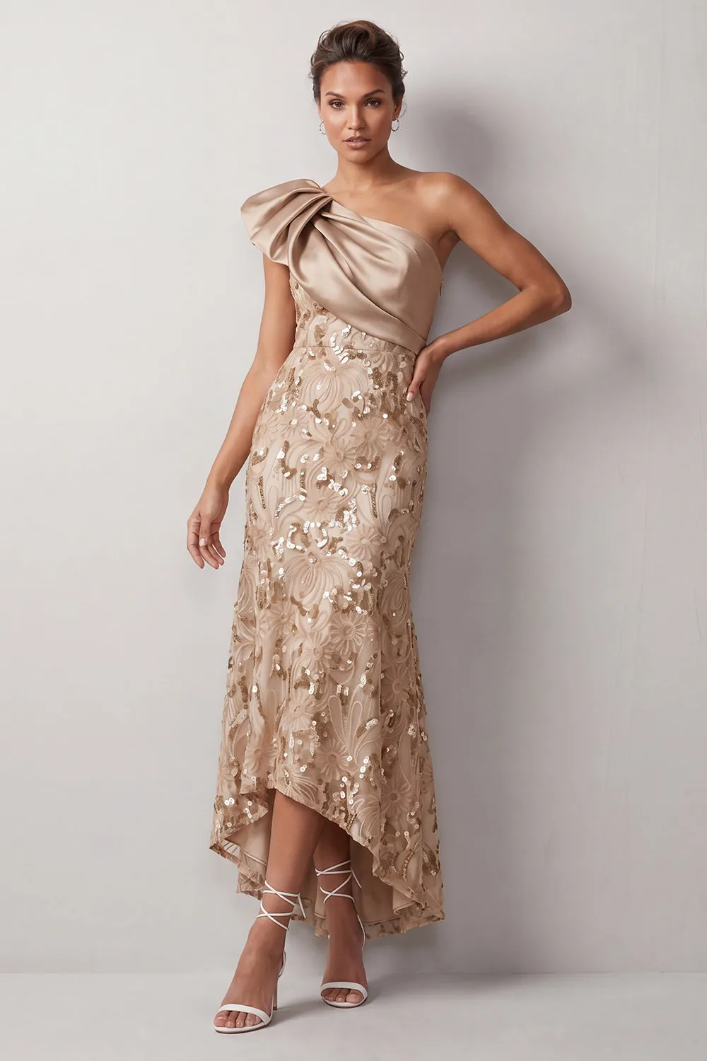 Peach Mermaid One Shoulder Asymmetrical Sequins Midi Mother Of the Bride Dress sold by Zapaka product image thumbnail 5