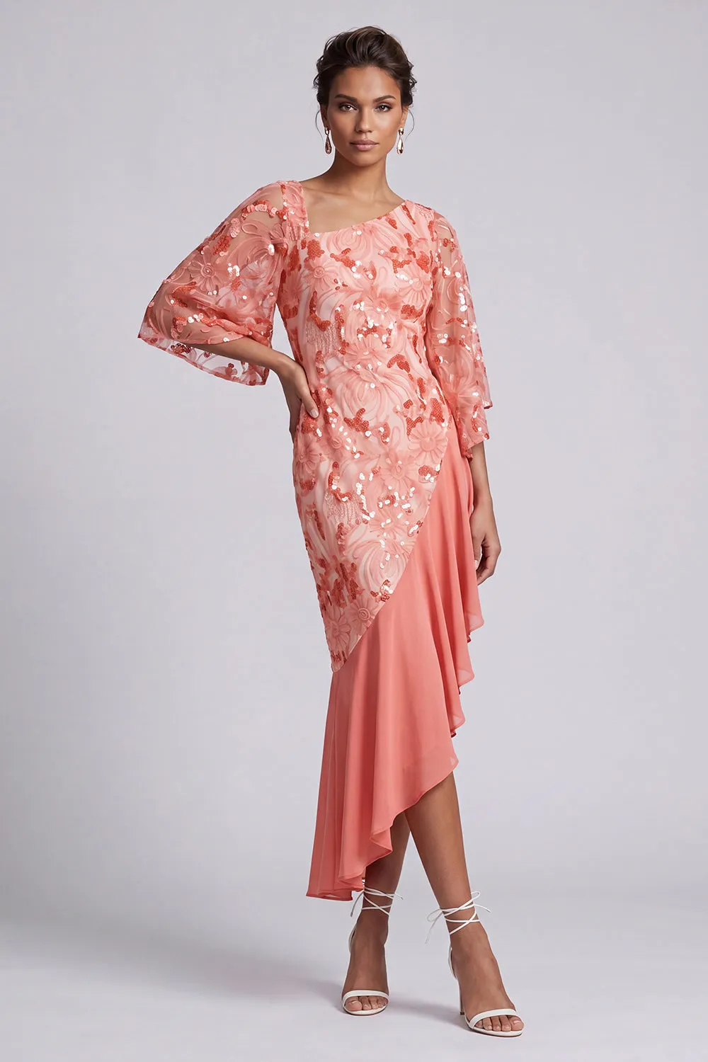 Watermelon Mermaid Asymmetrical Sequins Mother Of the Bride Dress with Ruffles sold by Zapaka