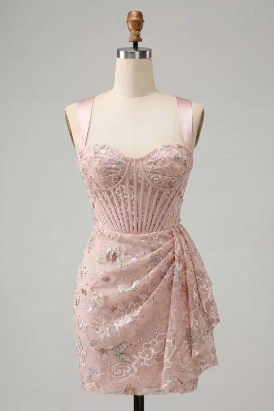 Blush Bodycon Halter Neck Corset Lace Up Back Ruched Homecoming Dress with Sash made by Zapaka