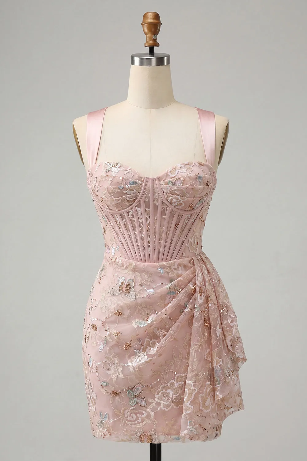 Blush Bodycon Halter Neck Corset Lace Up Back Ruched Homecoming Dress with Sash sold by Zapaka