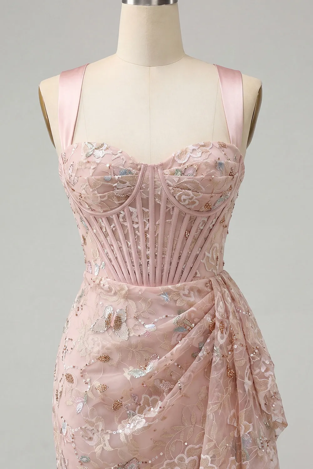 Blush Bodycon Halter Neck Corset Lace Up Back Ruched Homecoming Dress with Sash sold by Zapaka product image thumbnail 3