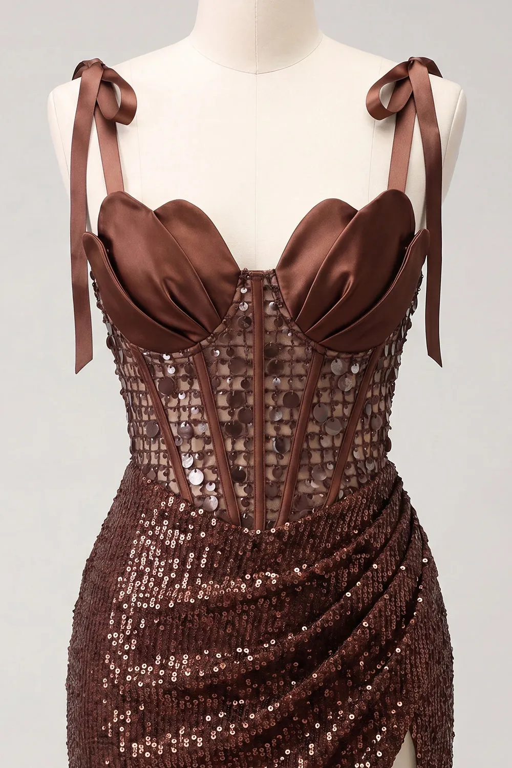 Sparkly Sheer Corset Bodycon Sequins Lace Up Back Bowed Straps Homecoming Dress with Slit sold by Zapaka product image thumbnail 3