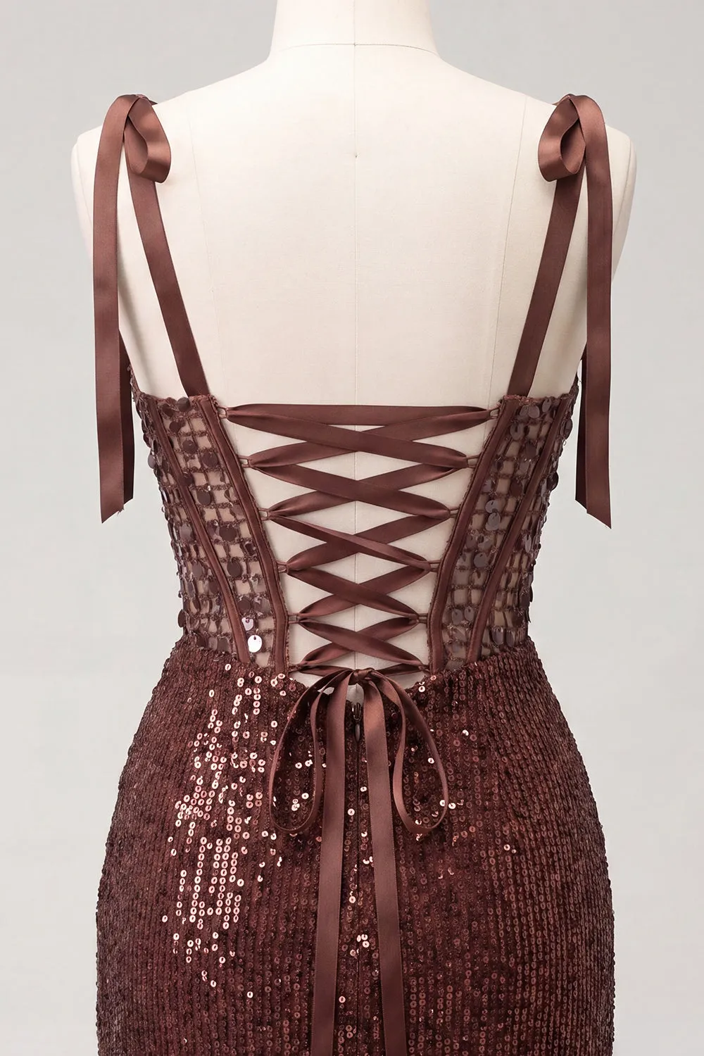 Sparkly Sheer Corset Bodycon Sequins Lace Up Back Bowed Straps Homecoming Dress with Slit sold by Zapaka product image thumbnail 4