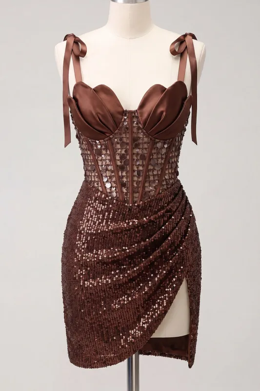 Sparkly Sheer Corset Bodycon Sequins Lace Up Back Bowed Straps Homecoming Dress with Slit made by Zapaka