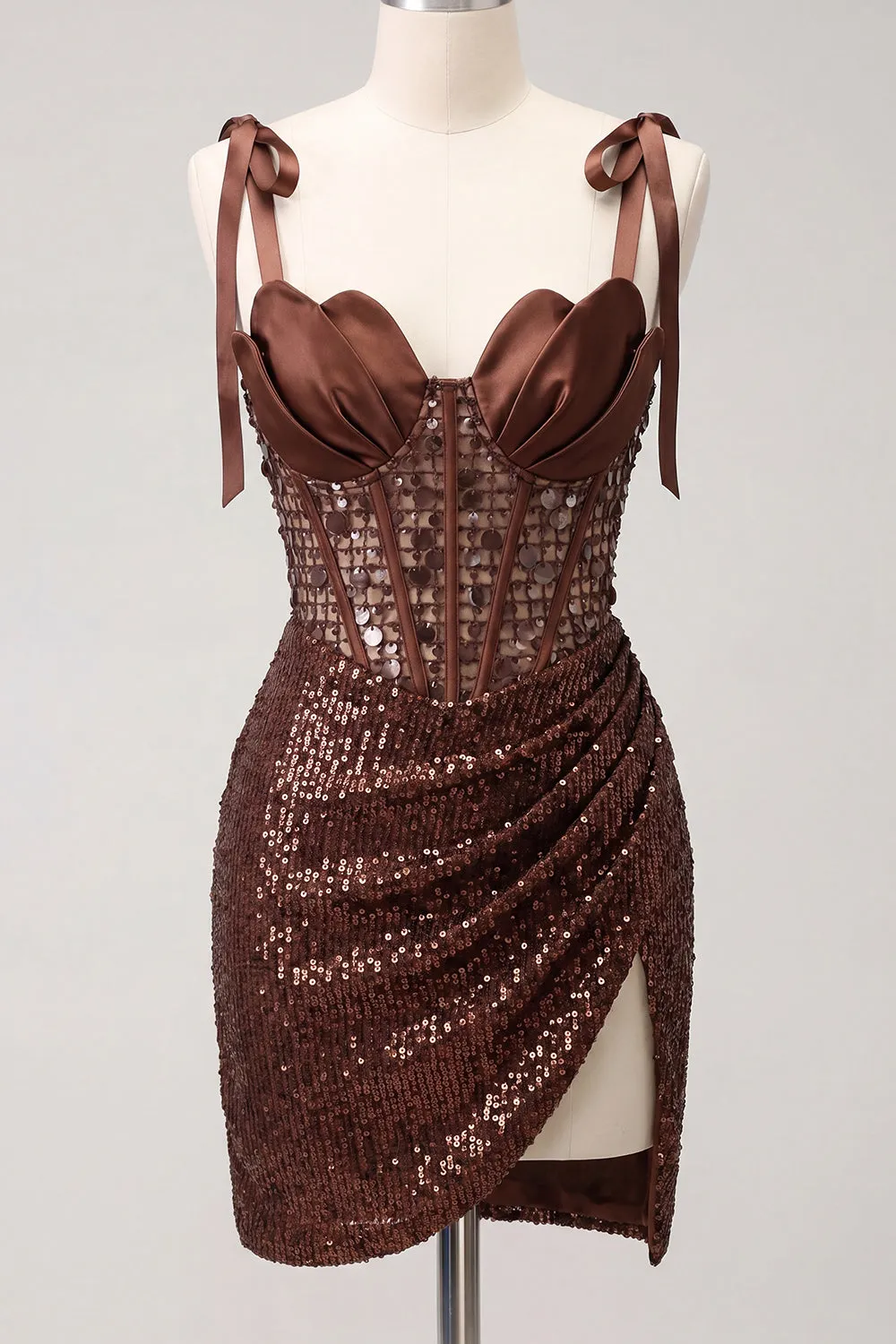 Sparkly Sheer Corset Bodycon Sequins Lace Up Back Bowed Straps Homecoming Dress with Slit sold by Zapaka