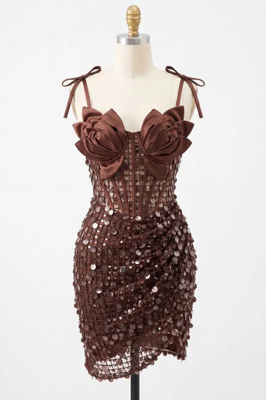 Bodycon Sheer Corset Ruched Sequins Bowed Straps Short Homecoming Dress made by Zapaka