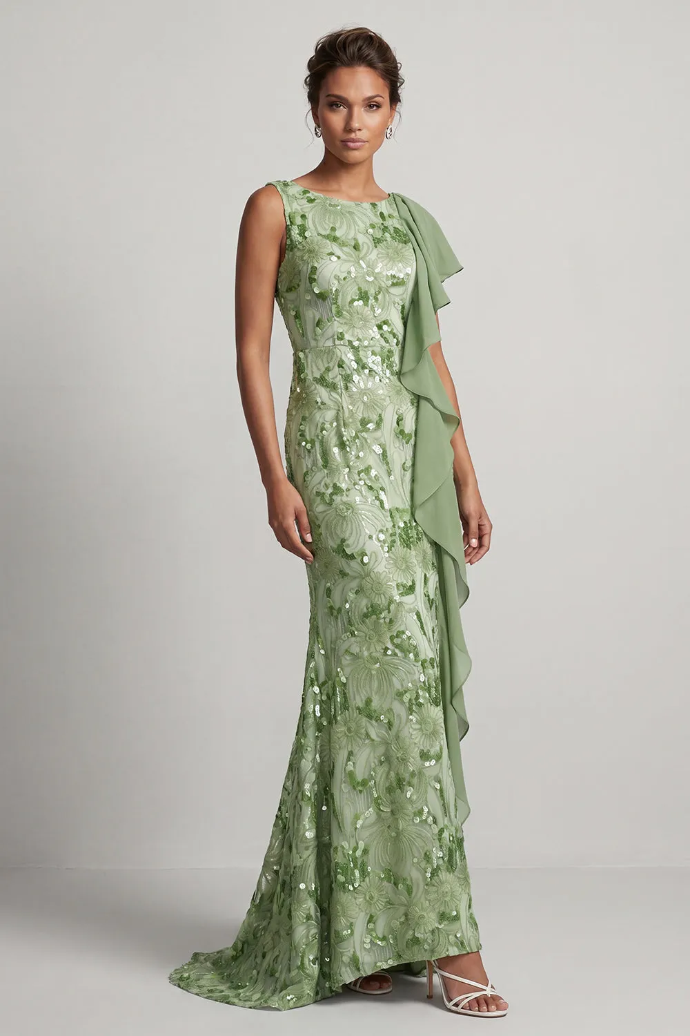 Champagne Mermaid Sequins Bateau Neck Long Mother Of the Bride Dress with Ruffles sold by Zapaka product image thumbnail 5