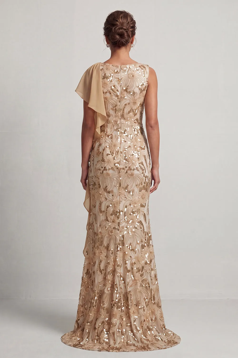Champagne Mermaid Sequins Bateau Neck Long Mother Of the Bride Dress with Ruffles sold by Zapaka product image thumbnail 2