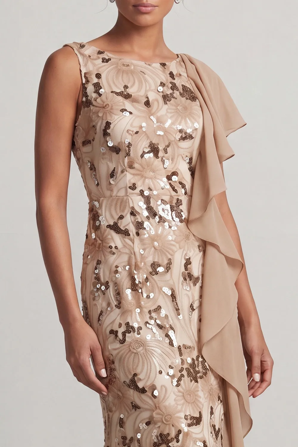 Champagne Mermaid Sequins Bateau Neck Long Mother Of the Bride Dress with Ruffles sold by Zapaka product image thumbnail 3