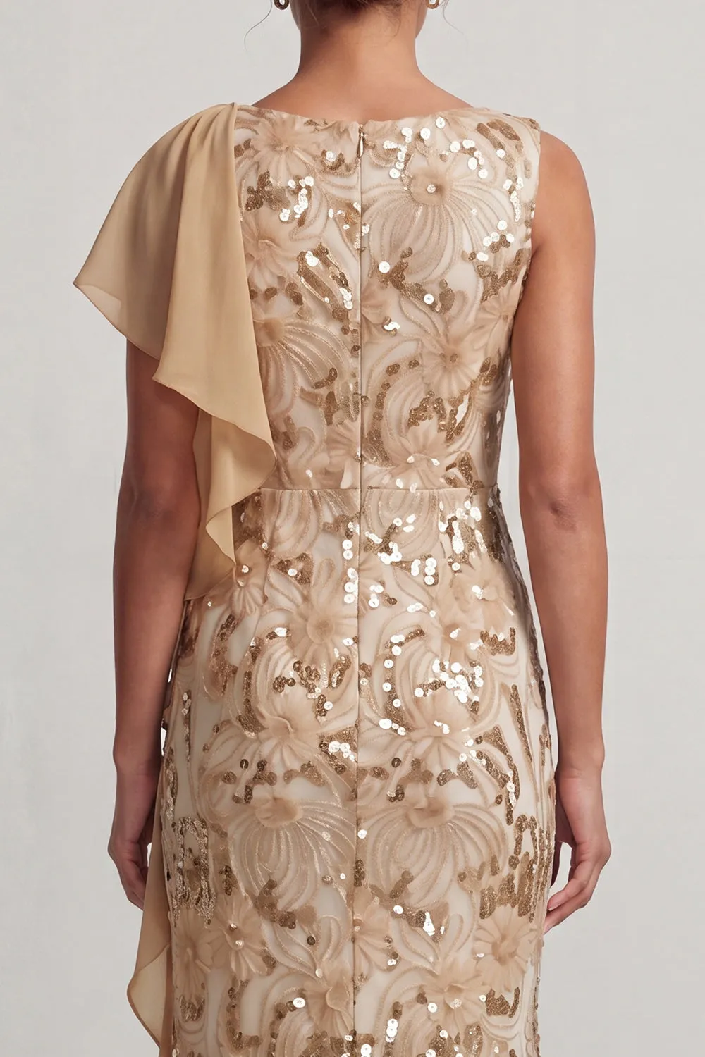 Champagne Mermaid Sequins Bateau Neck Long Mother Of the Bride Dress with Ruffles sold by Zapaka product image thumbnail 4