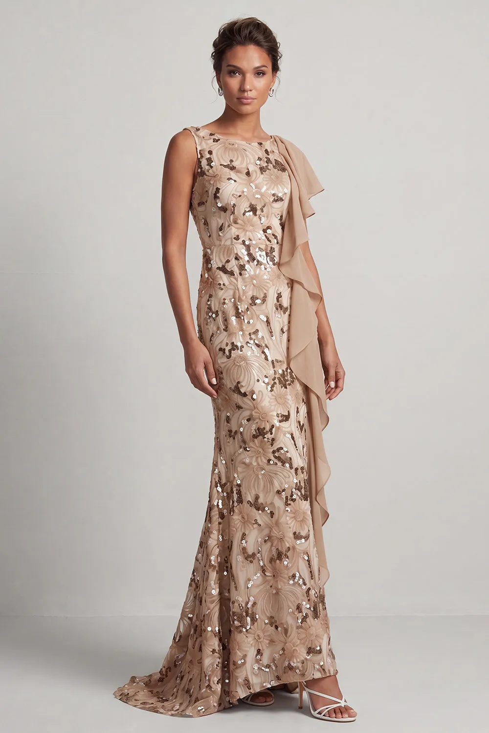 Champagne Mermaid Sequins Bateau Neck Long Mother Of the Bride Dress with Ruffles sold by Zapaka