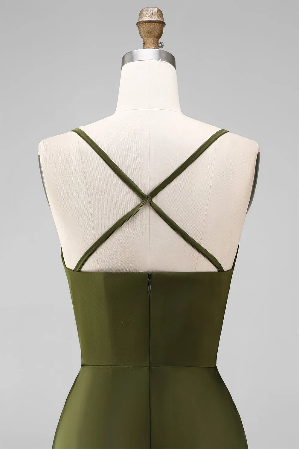 Mermaid Olive Satin Spaghetti Straps Ruched Long Bridesmaid Dress sold by Zapaka product image thumbnail 5