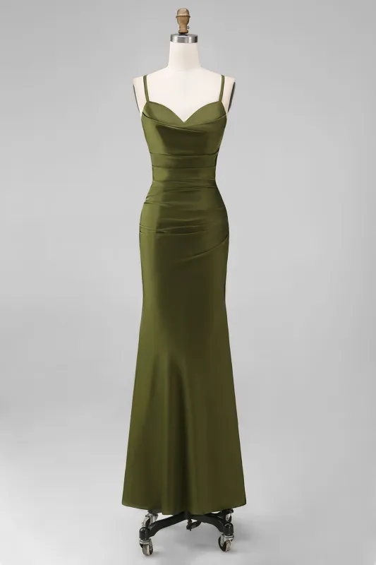 Mermaid Olive Satin Spaghetti Straps Ruched Long Bridesmaid Dress made by Zapaka