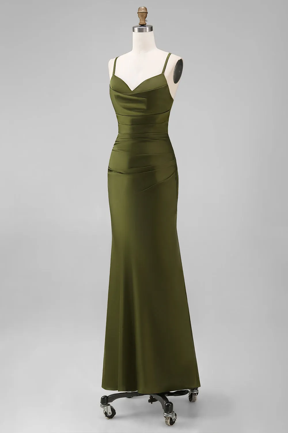 Mermaid Olive Satin Spaghetti Straps Ruched Long Bridesmaid Dress sold by Zapaka product image thumbnail 3