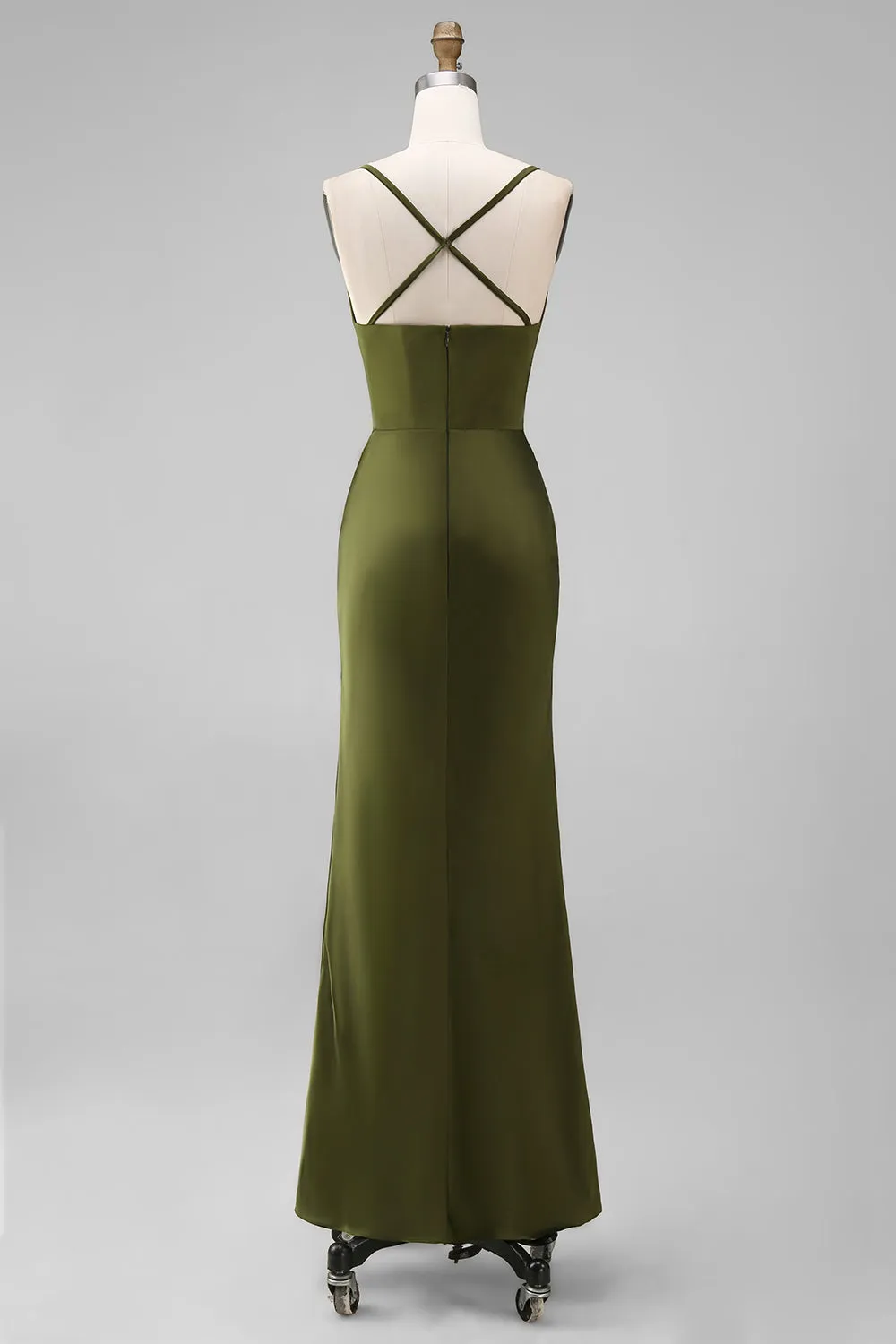 Mermaid Olive Satin Spaghetti Straps Ruched Long Bridesmaid Dress sold by Zapaka product image thumbnail 2