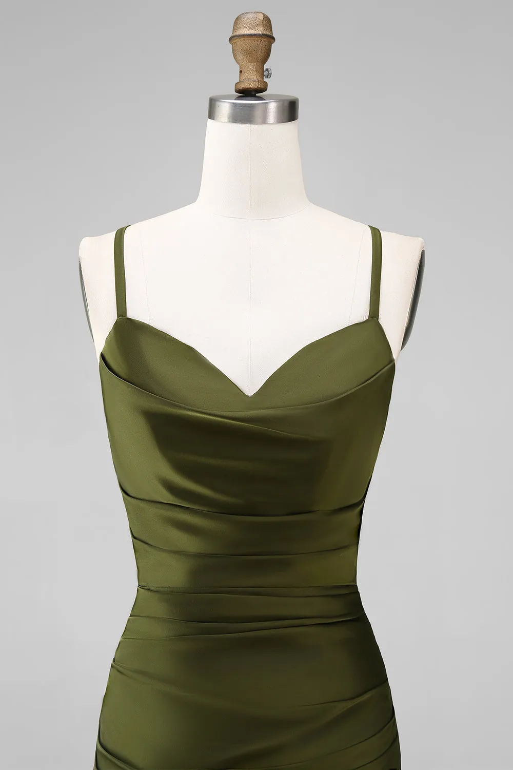 Mermaid Olive Satin Spaghetti Straps Ruched Long Bridesmaid Dress sold by Zapaka product image thumbnail 4